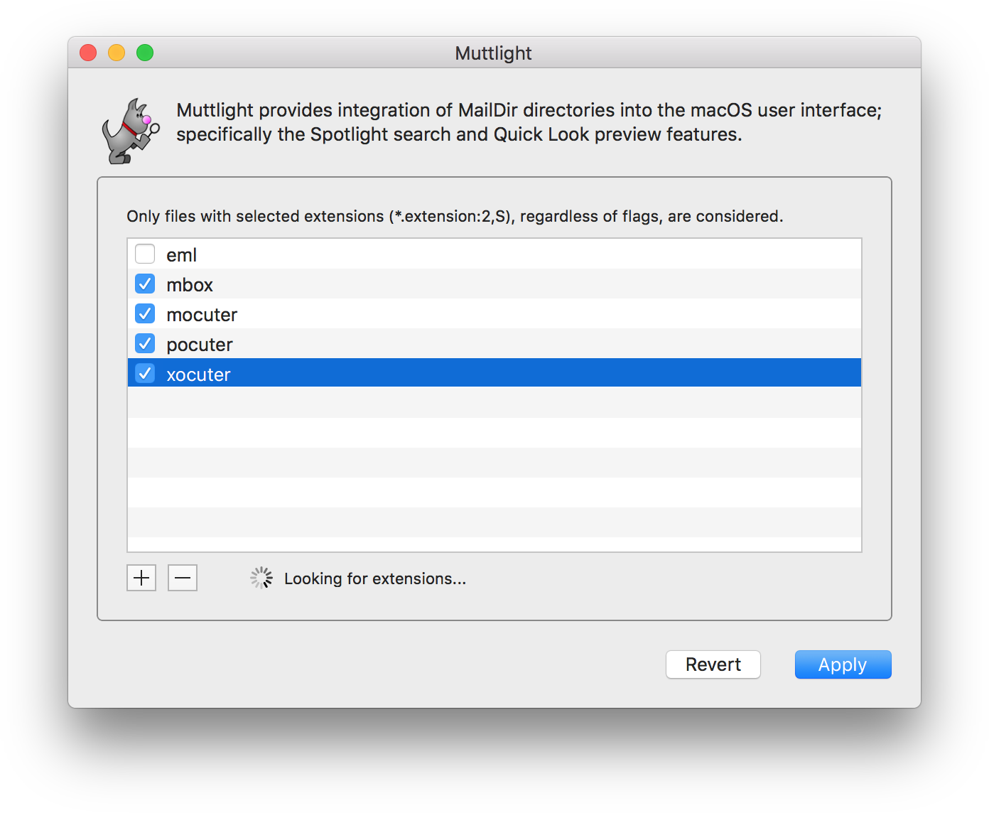 Screenshot of the Muttlight configuration dialog box.